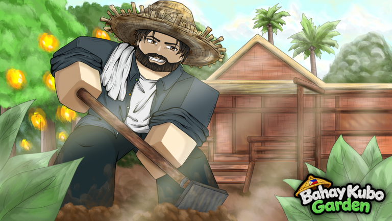 Official Bahay Kubo Garden art showing a straw-hat farmer, fruit tree and wooden bahay kubo in a tropical garden